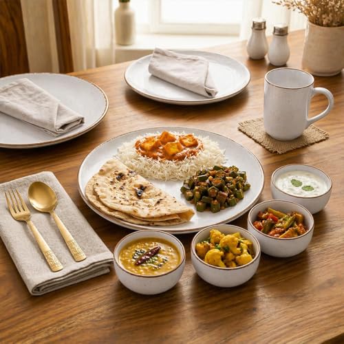 Image of The Earth Store Lavender Marble Ceramic Dinner Set, 18 Pieces with 6 Dinner Plates & 12 Vegetable Bowls | Microwave & Dishwasher Safe | Crockery Set for Gifting