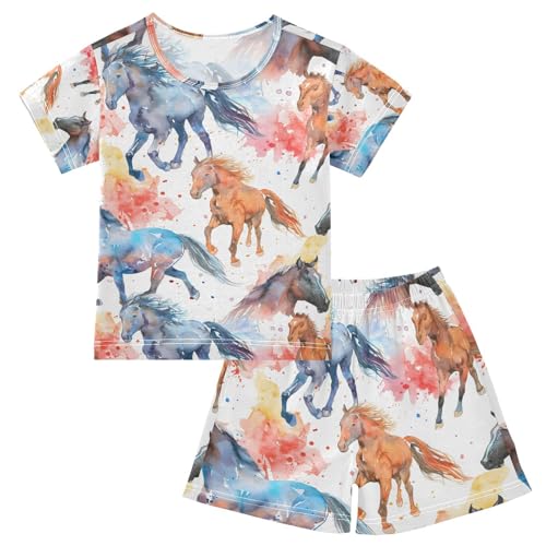Image of Mnsruu Summer Pyjamas Set for Girls Boys Watercolor Horses Pattern Short Sleeve and Pants PJS Children Loungewear,5Y