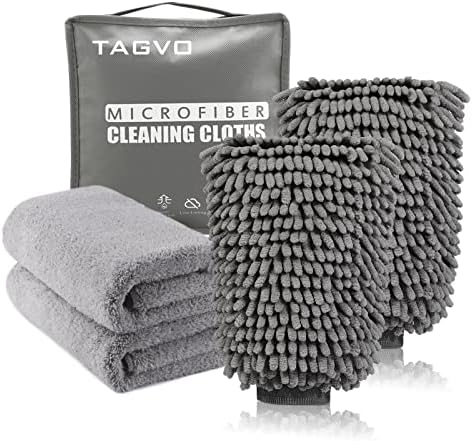 TAGVO Large Size Car Wash Mitt-Premium Chenille Microfiber Wash Glove and Microfiber Towels - Lint Free（2 Towels+2 Mitts）