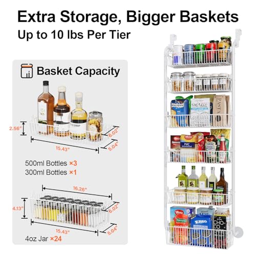 Image of Delamu Large Over the Door Pantry Organizer, 6-Tier Metal Pantry Door Organization and Storage for Easy Install, Hanging Spice Rack Seasoning Shelves for Cabinet & Kitchen, D6.7xW17.5xH53.7 in, White