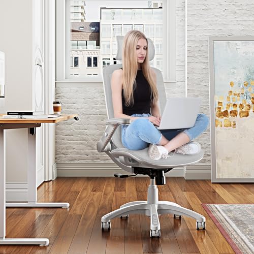 Image of GABRYLLY Ergonomic Office Chair, High Back Home Desk Chair with Headrest, Flip-Up Arms, 90-120 Tilt Lock and Wide Cushion, 300LBS Mesh Chairs for Man Woman, White Task Chair(Grey,GY01WG)