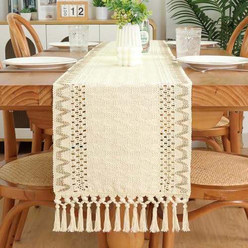 Alynsehom Macrame Style Table Runner with Tassels, Boho Beige Bur...
