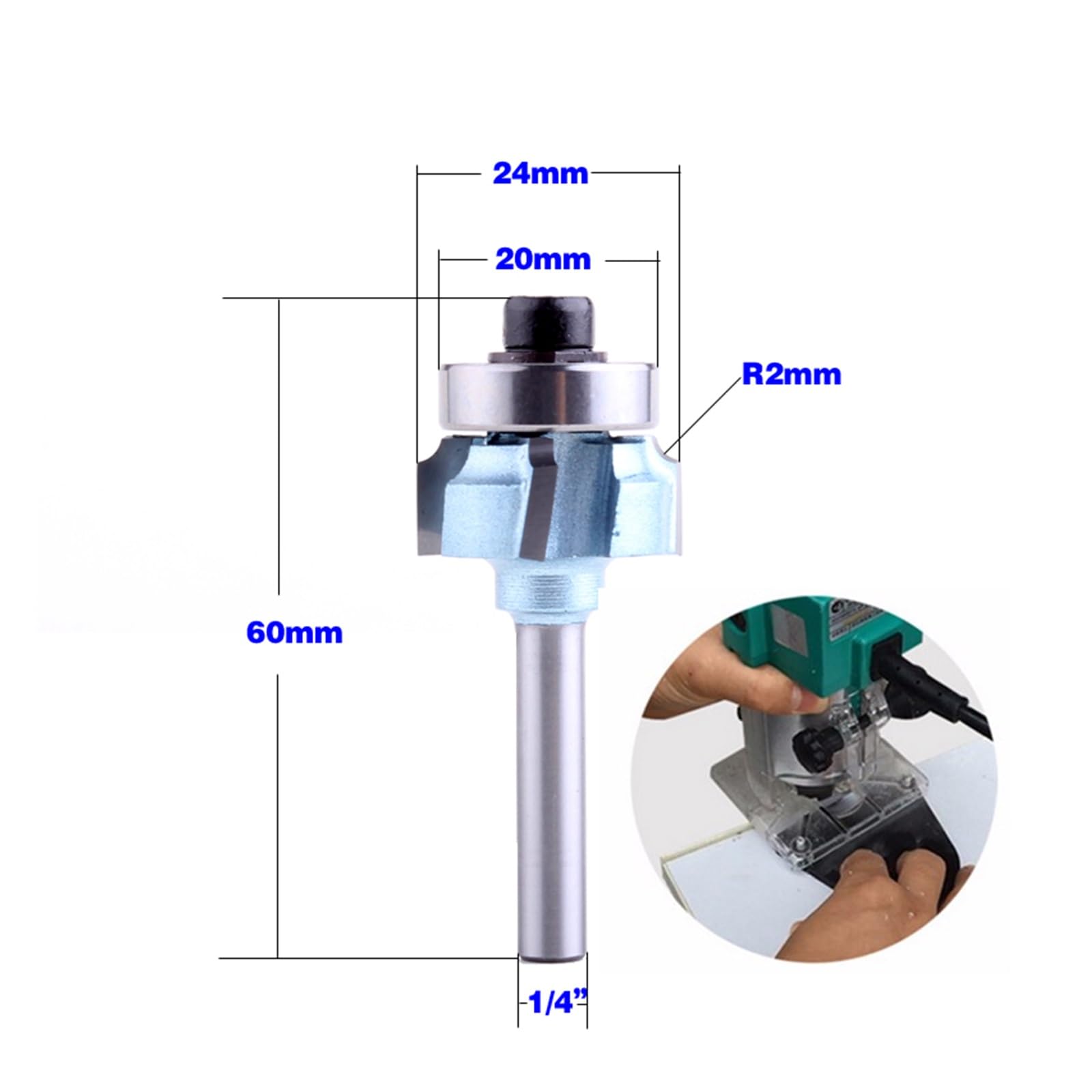 Fresa for carpintería con vástago de 1/4 ", 1 unidad, R1mm, R1,5mm, R2mm, recortadora de bordes de cuchillo, broca enrutadora de madera de 4 dientes(R2mm)