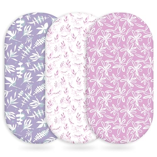 Image of Unnivoll Baby Bassinet Sheets Girl Boy, Fitted Bassinet Sheet Set 3 Pack Bassinet Mattress Sheets Universal Fit for Rectangle, Round, Oval, Hourglass Mattress, Soft Breathable Purple Leaf