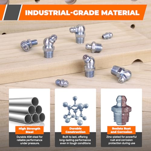 Image of 100PCS Grease Fittings Assortment, 18 Essential Sizes SAE & Metric Zerk Grease Fittings Kit- Includes UNF NPT 1 /4 inch 1 /8 inch M6 M8 M10, Straight 45 90 Degree for Grease Guns