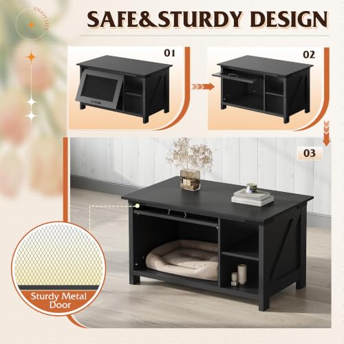 Image of WLIVE Wooden Coffee Table with Flip-up Door, 2-in-1 Cat House, Black
