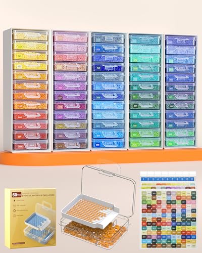 Redtwo 60 PCS Diamond Painting Storage Containers Trays with Two Layers 3-in-1 Diamond Painting Trays with Lids Diamond Art Accessories Diamond Art Drills Storage & Line-Up