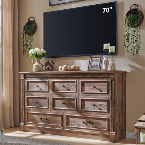 Image of Aitjunz 8 Drawers Dresser for Bedroom, Farmhouse 61 inch Wide Dressers & Chests of Drawers w /Roman Column, Large Storage Dressers Organizer w /Two Different Drawer Sizes for Bedroom,Living Room,Light Brown