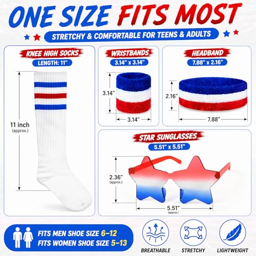 Foxzone Sweatbands, Headband, Wristbands, Knee High Striped Socks & Star Sunglasses, Retro 80s Costume Accessories for Party, Halloween, Gym, Sports Events & 4th of July for Women Men - image 6