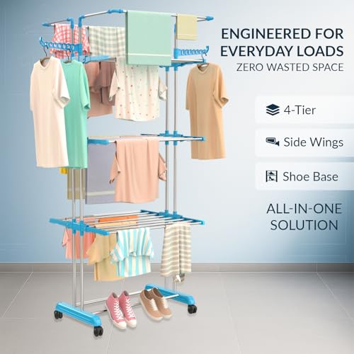 Image of H Houseware Foldable Cloth Drying Stand Stainless Steel 4 Tier Heavy-Duty Clothes Dryer for Balcony, Indoor & Outdoor Use | with Wheels & Hanger Slots | Rust-Proof Laundry Rack(Jumbo)