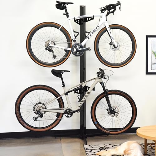 Image of Feedback Sports Velo Cache 2 Bike Free-Standing Storage Tower, Black | Stores 2 bikes with adjustable, soft-touch cradle arms; ideal for home, office or garage; expandable to 4-bikes w /accessory.