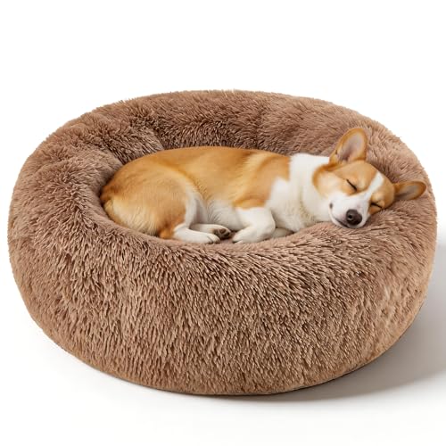 Image of Dog Calming Beds for Medium Large Dogs Round Donut Washable Anxiety Dog Bed | Anti-Slip Faux Fur Fluffy Donut Cuddle Anxiety Large Dog Bed Up to 65 Lbs(32 inch Khaki)