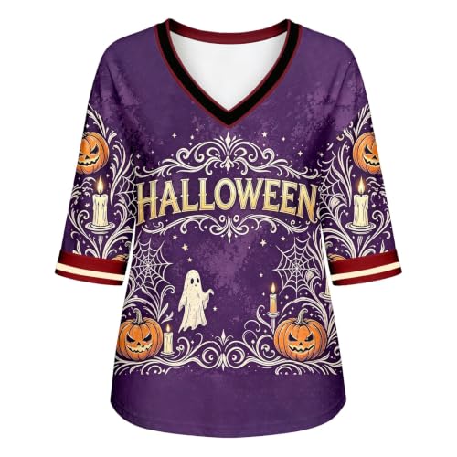 Halloween Costume Halloween Shirts for Women V Neck Festive Autumn Tops 3/4 Sleeve Length Blouse Clothing Purple Large - image 4