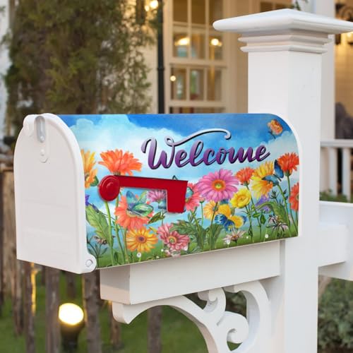Image of Spring Summer Colorful Flowers Mailbox Covers Magnetic Large Size 25.5 inchx21 inch Welcome Beautiful Flowers Mailbox Cover Wraps Post Letter Box Cover Holiday Mailbox Decoration Decor for Outside Garden Yard