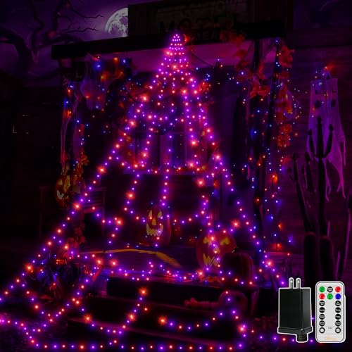 Ollny Halloween Lights Outdoor 266 LEDs Spider Web Lights Orange & Purple Halloween Decorations 9.8 FT Tall Creepy Web Light Plug in 8 Modes Timers Memory Function for Holiday House Party Yard