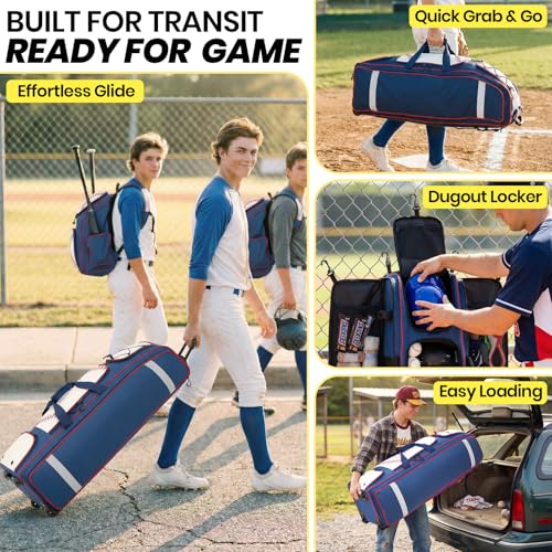 Fanwoli 100L Rolling Catchers Gear Bag for Baseball Softball, Legacy Stitch Edition, Fits Full Set & 8 Bats, All-Terrain Wheels, Stand-Up Base, Vented Shoe Zone, Reflective Strip, Fence Hooks (Blue) - Thumbnail 7