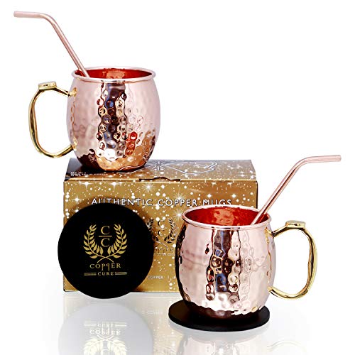 Copper Mug - Set of 2 -100% HANDCRAFTED â€“ Pure Solid Copper Cups - With Hammered Finish and Comfortable Thumb Rest Handle - Solid Copper Mugs, BONUS : Copper Straws and Coasters â€“ GIFT SET