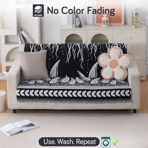Image of HOKIPO Serene Abode Sofa Cover 3 Seater, 180x175 cm, Black Fern Tribal