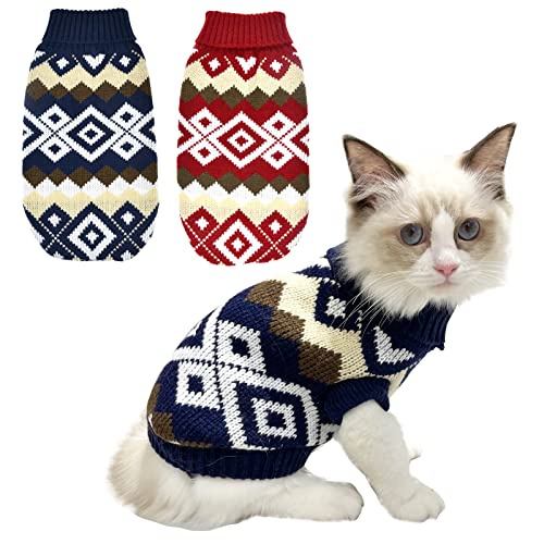 Vehomy 2Pcs Pet Puppy Christmas Sweaters Cat Diamond Plaid Pattern Sweater Kitten Knitwear Dog Xmas Clothes Navy Blue And Christmas Red Sweaters With Plaid Pattern For Kitten Cat Puppy Dog S #TOP12