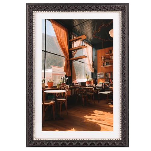 Image of Golden State Art, 13X19 Ornate Finish Photo Frame with White Mat for 11X17 Picture & Real Glass, Color: Black with Silver & Burgundy
