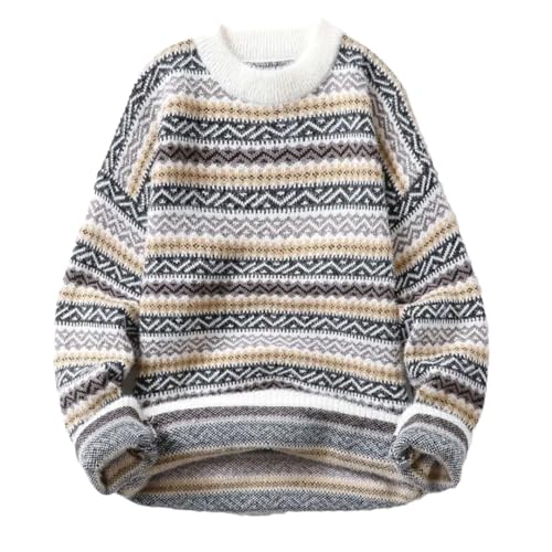 Men's Preppy Slim Fit Sweater Round Neck Long Sleeve Pullover Thickened Thermal Bohemian Style Knitted Top