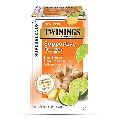 Image of Twinings Superblends Supportive Ginger Lime & Ginger Flavoured Herbal Tea, Caffeine-Free, Supports Healthy Immune System, 18 Tea Bags,27 Grams