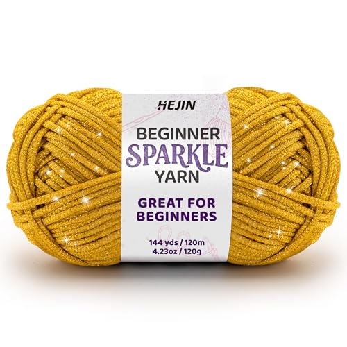 120g Gold Sparkle Yarn for Crocheting and Knitting; 120m(144yds) for Beginners with Easy-to-See Stitches; Worsted-Weight Medium #4; Yarn for Beginners Crochet Kit Making