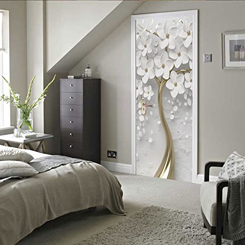 stickers trompe loeil 85x215cm(33.46 inches * 84.64 inches) Blanc fleurs Autocollants De Porte 3D Stickers Porte Poster Couloir 3D Papier Peint Porte Trompe L'Oeil Pour...