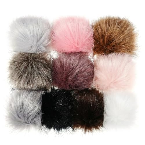 Grevosea 10 Pcs Faux Fur Pom Poms for Hats Pompoms for Crafts Fluffy Pompom Balls with Elastic Loop Puff Balls for Beanie Shoes Scarves Gloves Bags Detachable Knitting Accessories