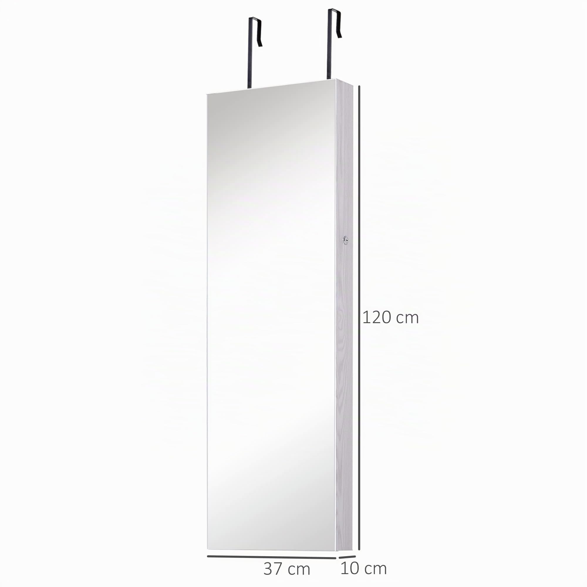 HOMCOM Espejo Joyero Colgante de Pared o Puerta con 6 Luces LED 5 Estantes 2 Cajones Pequeños Espejo Armario Montado con Cerradura para Dormitorio 37x120x10 cm Blanco