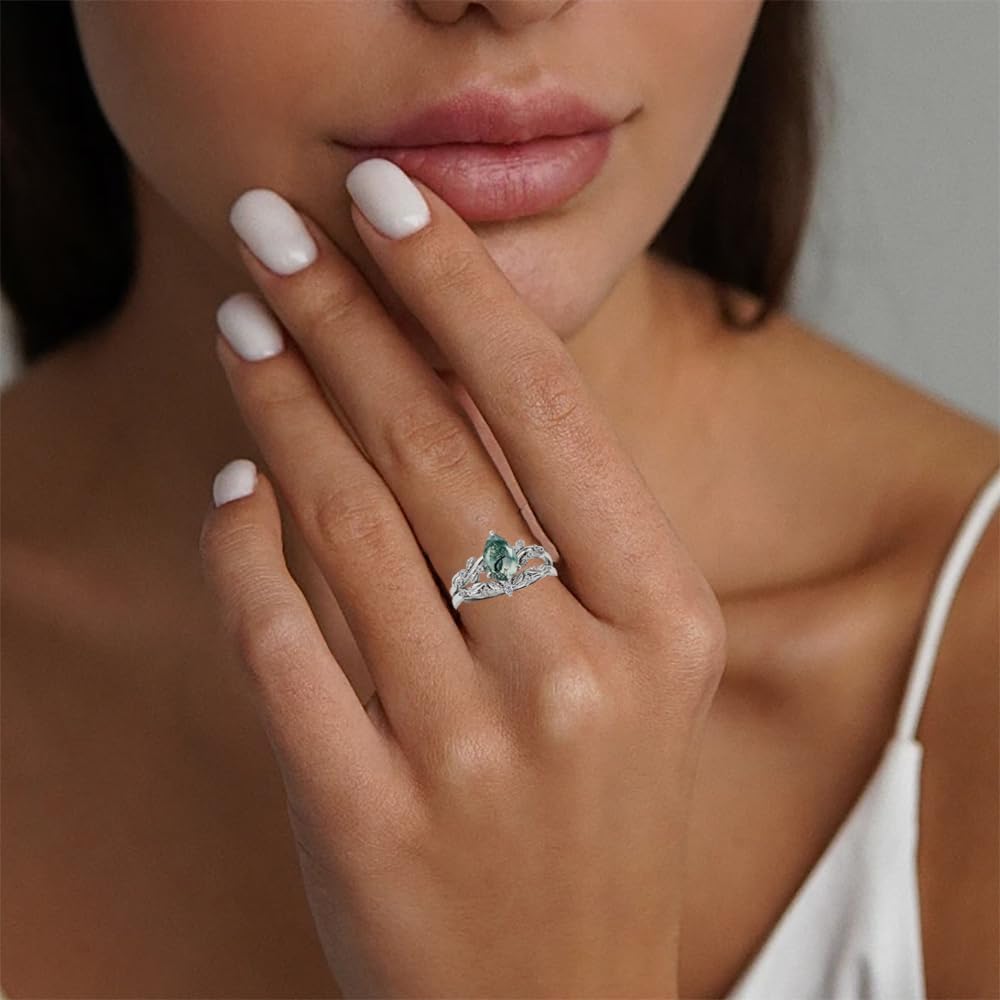 Natural Moss Agate Engagement Ring Set 925 Sterling Silver Rings for Her with Free Engraving Jewelry Gift for Women Moss Agate Vintage Ring Set Size 4-12