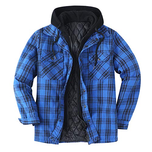 ZENTHACE Mens Hooded Flannel Shirt Jacket Quilted Lined Plaid Flannel Jackets for Men Blue L