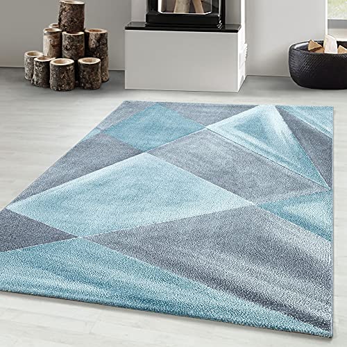 Carpetsale24 Teppich Wohnzimmer Modern Abstrakt Gemustert Blau 120 x 170 cm - Kurzflor Teppich...