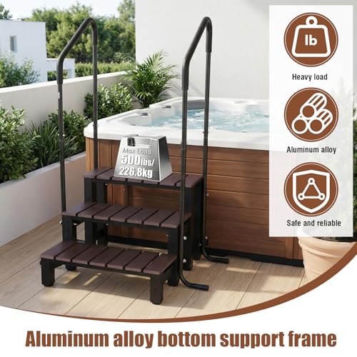 Image of 3-Step Hot Tub Steps with Handrail, 550lbs Load Capacity Heavy Duty Aluminum Frame Spa Stairs, Mobile Outdoor RV Steps, Removable Railing Safety Ladder for Camper, Above Ground Pools, Porch