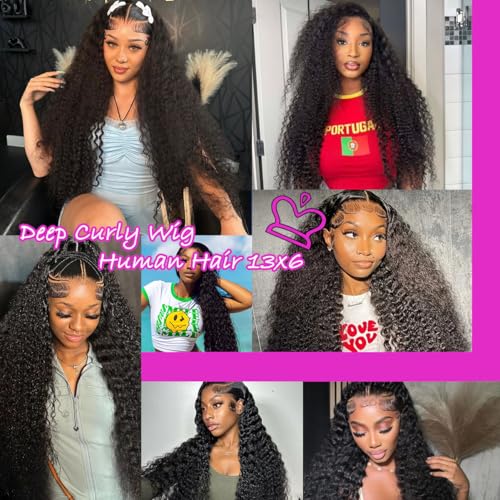 Image of LAINSS 28Inch Deep Wave Lace Front Wigs Human Hair 13x6 Deep Curly Lace Front Wigs Glueless Lace Frontal Wig Brazilian Virgin Human Hair Pre Plucked with Natural Hairline 210% Density