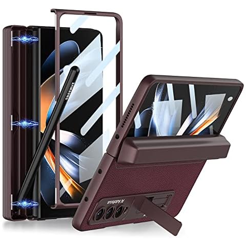 FODDOM for Samsung Galaxy Z Fold 4 5G Case, Hinge Leather Case with S Pen Slot Built-in Metal Kickstand & Screen Protector, Magnetic 360-degree All-Inclusive Shockproof Cover (Wine Red) Cover