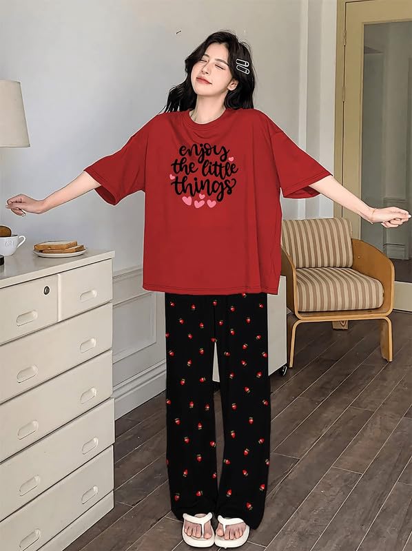 Image of KSHS Printed Round Neck Short Sleeve Nightsuit Set | Pajama Set | Casual Night Dress for Women
