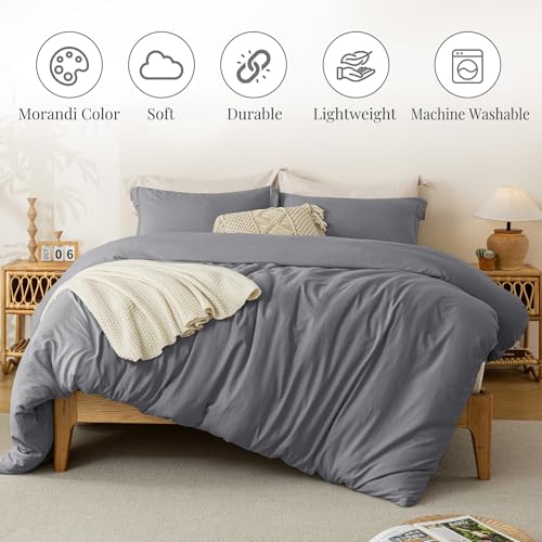 Image of MILDLY Duvet Cover King Ultra Soft Comforter Cover Set 3pcs, Dark Grey | Washed Microfiber Cotton-Like, Breathable Comfort, Hidden Zipper, Corner Ties, OEKO-TEX Certified, Fade Resistant
