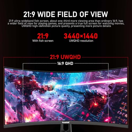 Image of Gawfolk 34 Inch Ultrawide Curved 200Hz Gaming Computer Monitor,1500R PC Screen 21:9 UWQHD (3440x1440),120% sRGB,Adaptive Sync,Built-in Speaker,HDMI、Display Port,Compatible with Wall mounting-Black