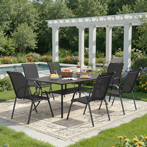 DIFY 7 Piece Outdoor Dining Set, 59.2' Black Rectangle Metal Patio Table and Dark Grey Textilene...