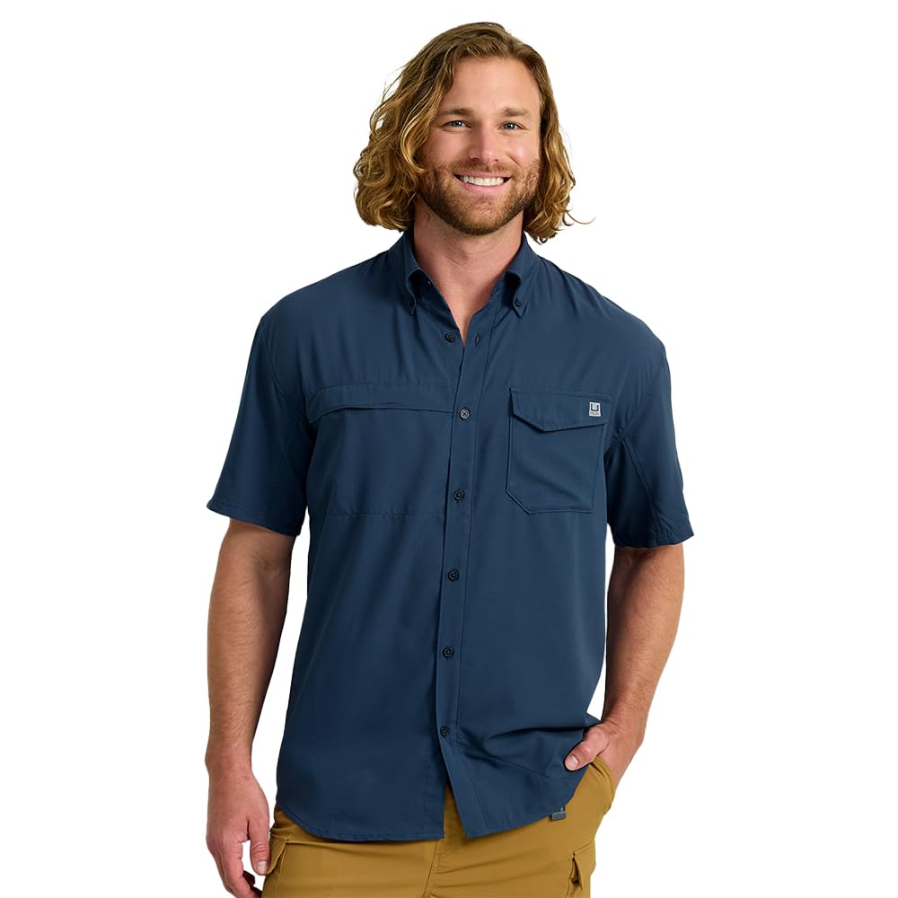 HUK Tide Point Solid Short Sleeve Shirt, Button Down for Men