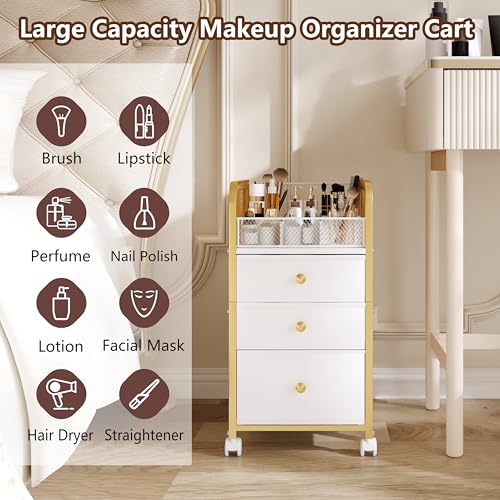 Image of Rolling Makeup Organizer Cart with 3 Drawers, Under Desk Vanity Makeup Storage Cart, Bathroom Storage Cart Cosmetic Display Cases Cabinet for Nail Polish, Brushes & Hair Tools, Gold