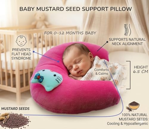 Image of Wavva Pillow for New Born Baby, Ideal for Round Head Shaping Pillow with Foam Cotton Cover for 0 to 12 Months Babies (Pink)