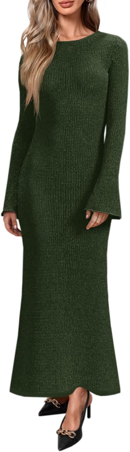 Yousify Womens Bell Long Sleeve Maxi Dress Casual Crewneck Knit Slim Fit Flowy Sweater Dresses