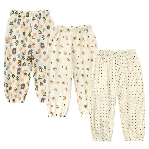 Image of Kids Tales 3 Pack Boys Girls Cotton Linen Pants Child Basic Plain Solid Trousers Big Kids Elastic Waist Long Pants Bloomers
