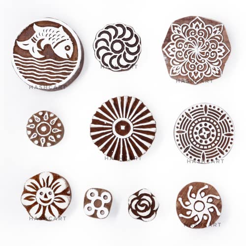 Image of Set of 10 | Round Shape Multi Design Blocks for Scrapbooking | Wooden Handmade Stamps for Project Designing | Fabric Textile | Clay | Pottery Craft