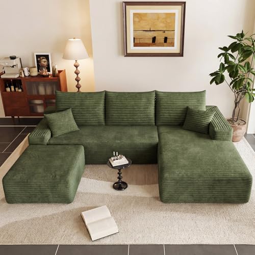 Image of 95 inch U-Shape Cloud Couch, Modern Modular Sectional L-Shape Sofa with Ottoman, Corduroy Upholstered Couches Deep Seat Sleeper Chaise Longue for Living Room, No Assembly Required(Green, Right Facing)