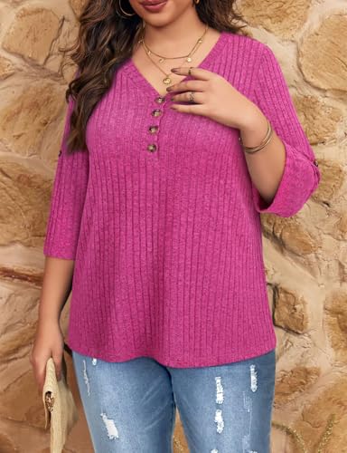 Image of Koscacy Women Plus Size V Neck 3 /4 Roll Sleeve Sweater Casual Knit Tops Solid Color Blouses