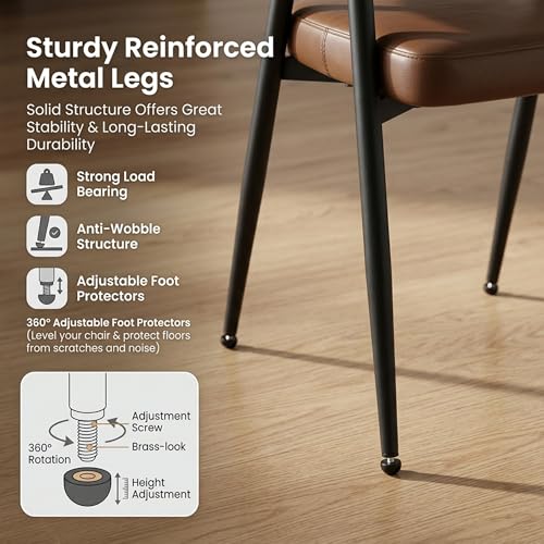 Image of HNY Modern Dining Room Arm Chairs Set of 6, Retro Faux Leather Upholstered Barrel Dining Chairs with Arms Mid-Century Brown Accent Chair with Metal Legs, Open-Back Kitchen Side Chair for Living Room
