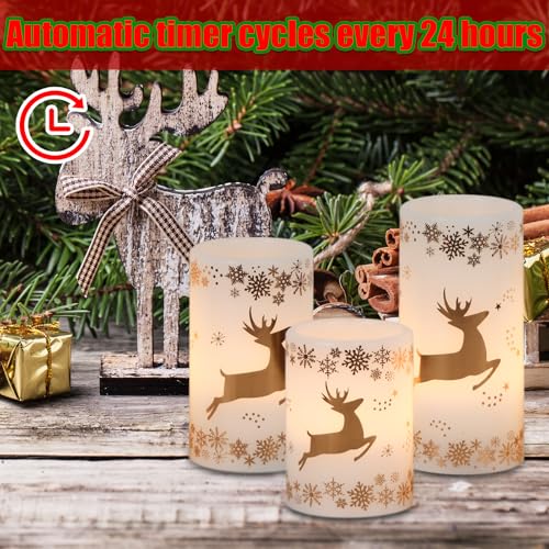 Image of Christmas Flameless Candles with 6H Timer, Real Wax LED Pillar Candles Flickering, Snowflake Golden Reindeer 3D Wick Candles for Home Decor Christmas Gifts, 3x4 /5 /6 inches